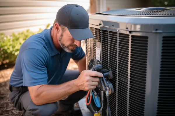 Technician checks the air conditioner system next to a home. HVAC condenser technical inspection.