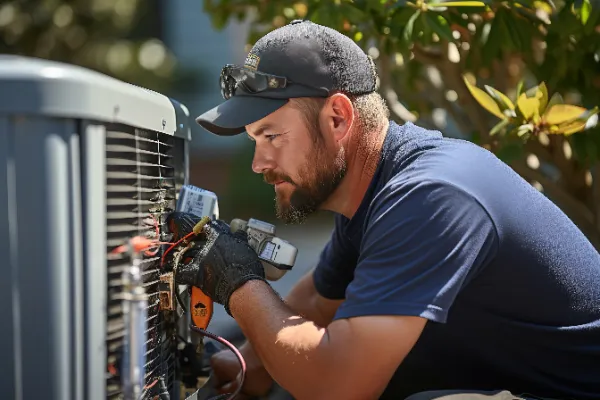 technician working on air conditioning outdoor unit on hot sunny day